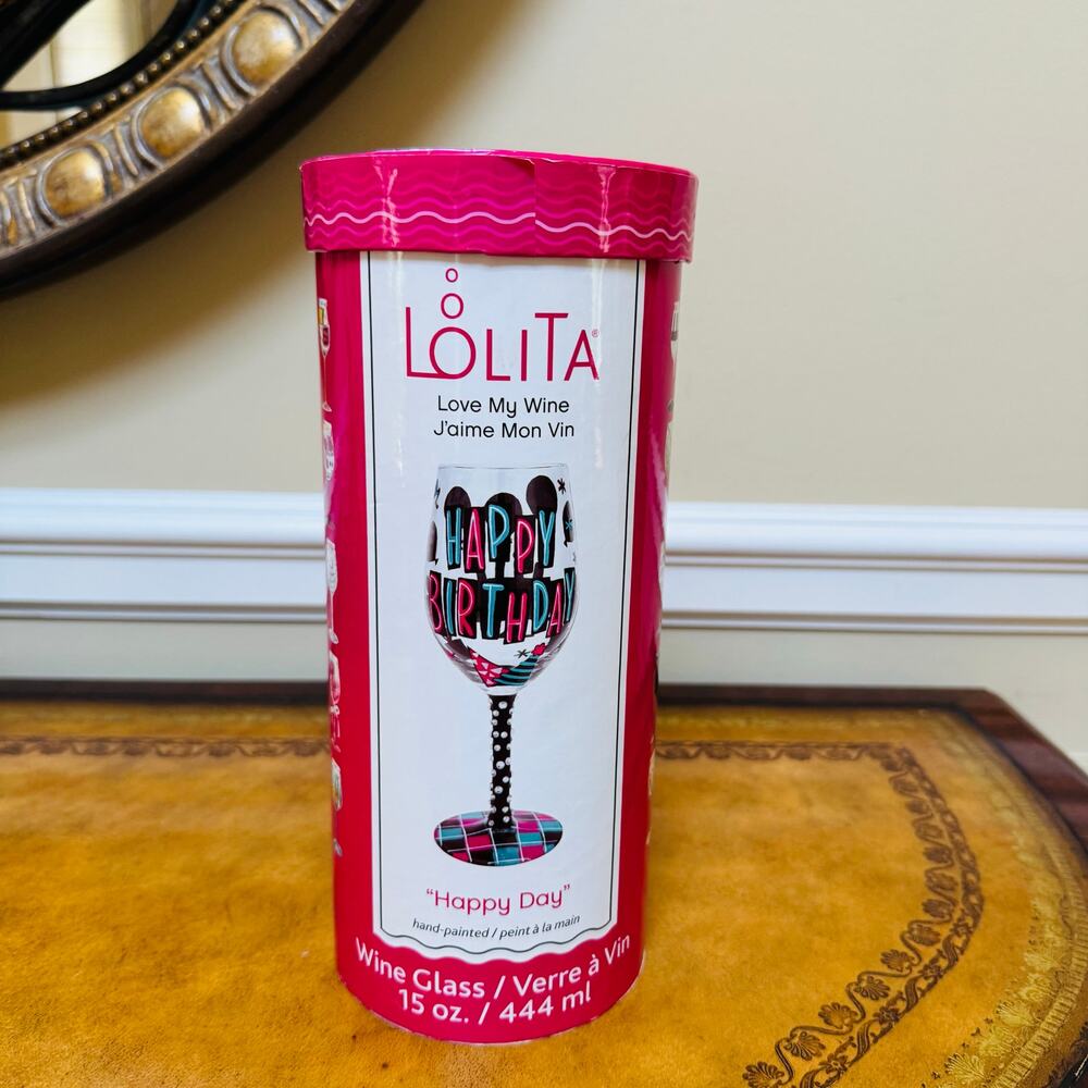 Lolita Happy Birthday Balloons Cake Rhinestone Handpainted Wine Glass 15 oz NEW